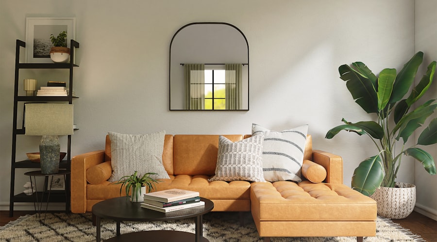 Phòng khách Scandinavian - Dự án căn hộ Ecopark Sofa màu xám, gỗ sồi sáng, thảm lông cừu trắng, cây xanh tự nhiên