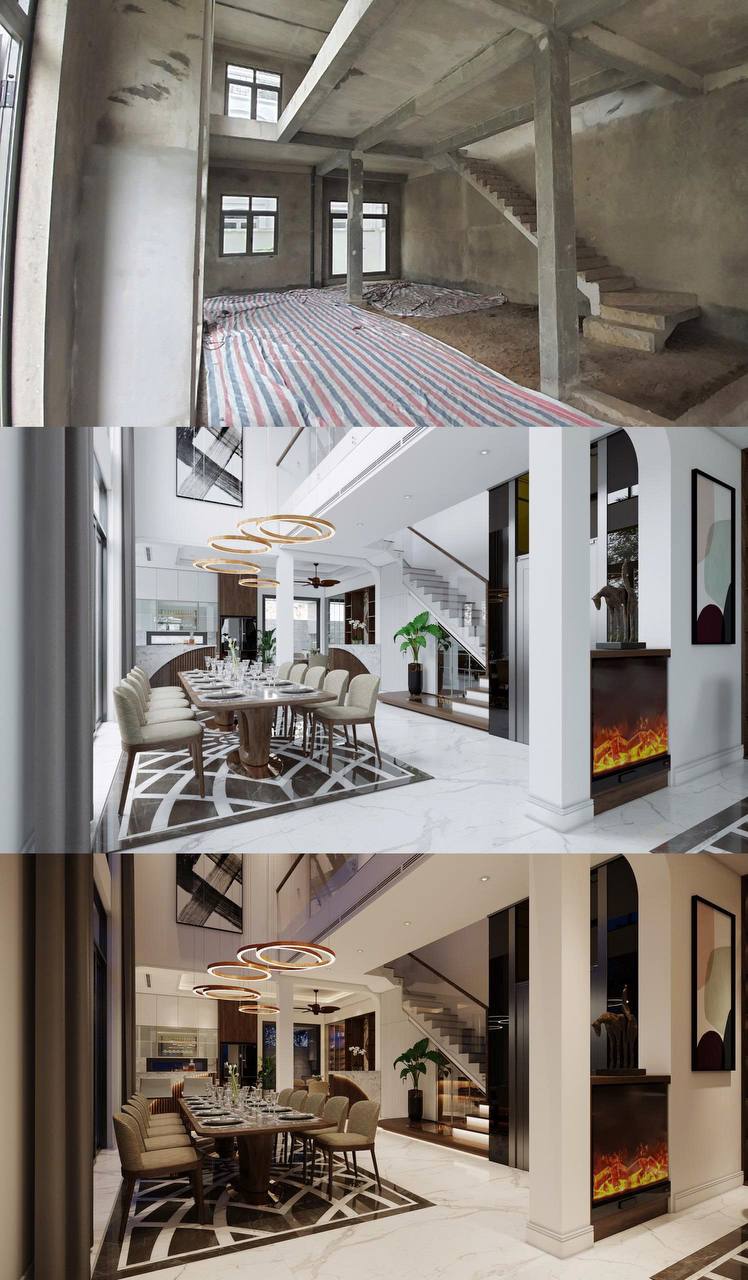 Phòng ăn - góc lò sưởi điện và đèn vòng vàng