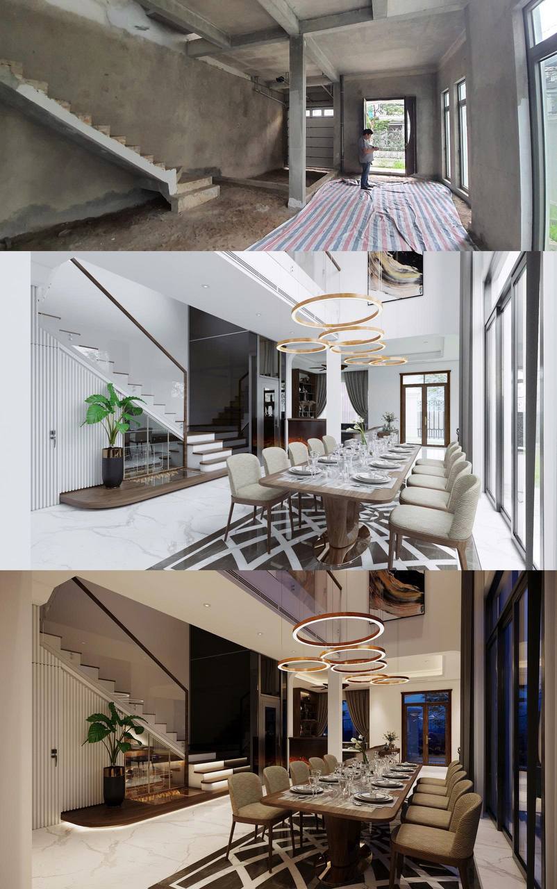 Phòng ăn - góc cầu thang lam gỗ và đèn vòng trang trí