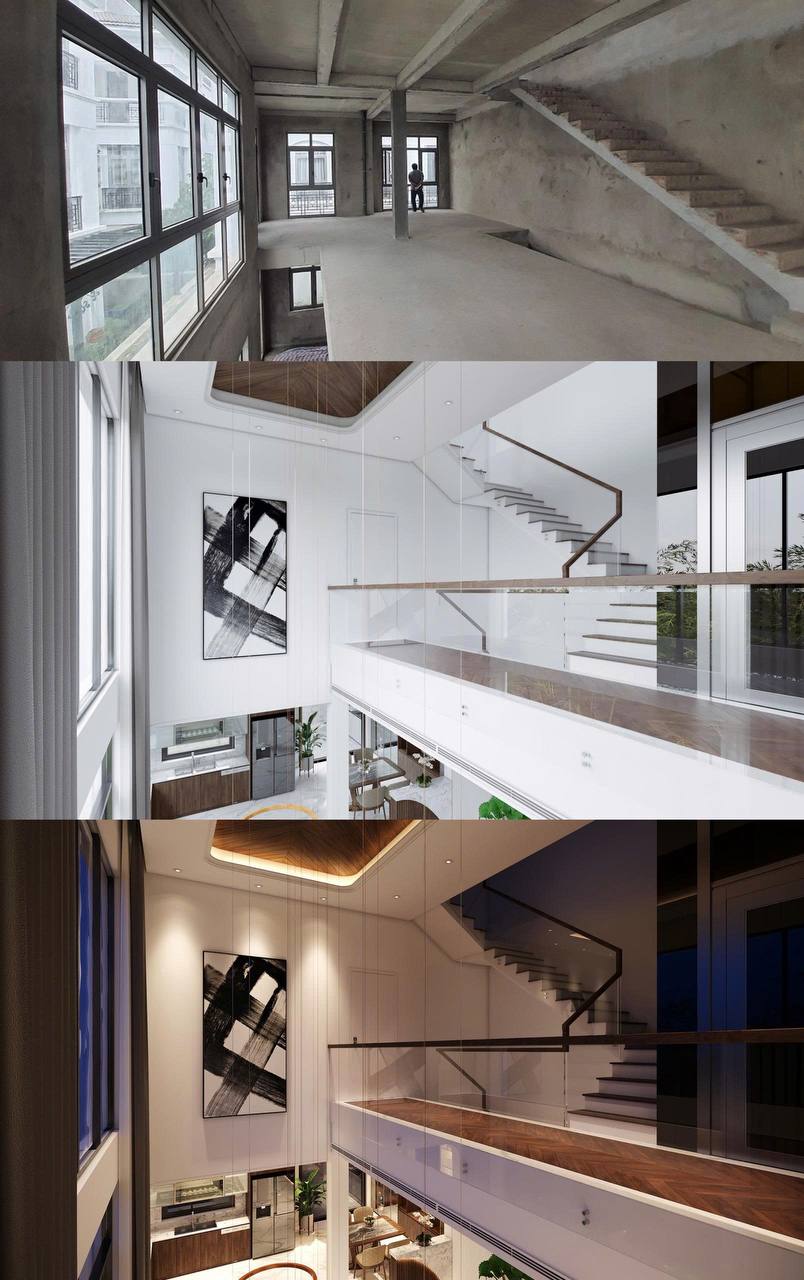 Không gian thông tầng với cầu thang kính