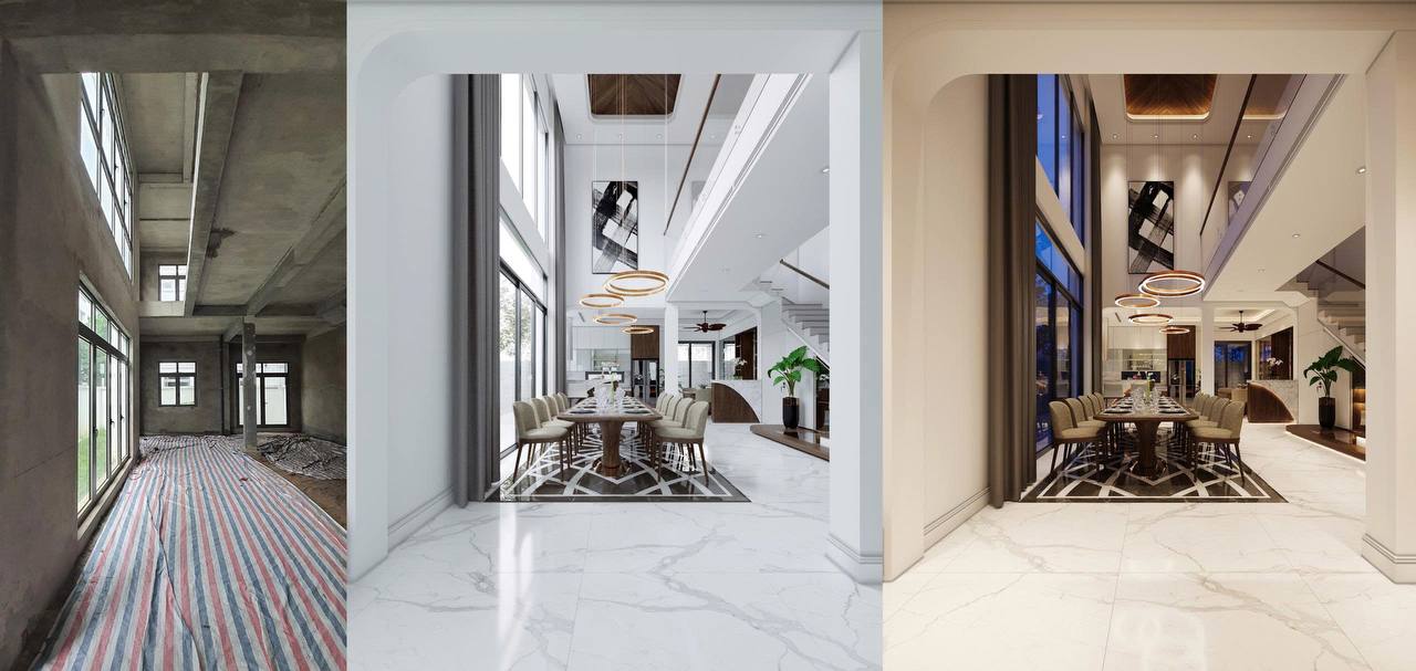 Before/After tổng thể biệt thự Vinhomes Harmony - từ thô, ban ngày đến ban đêm