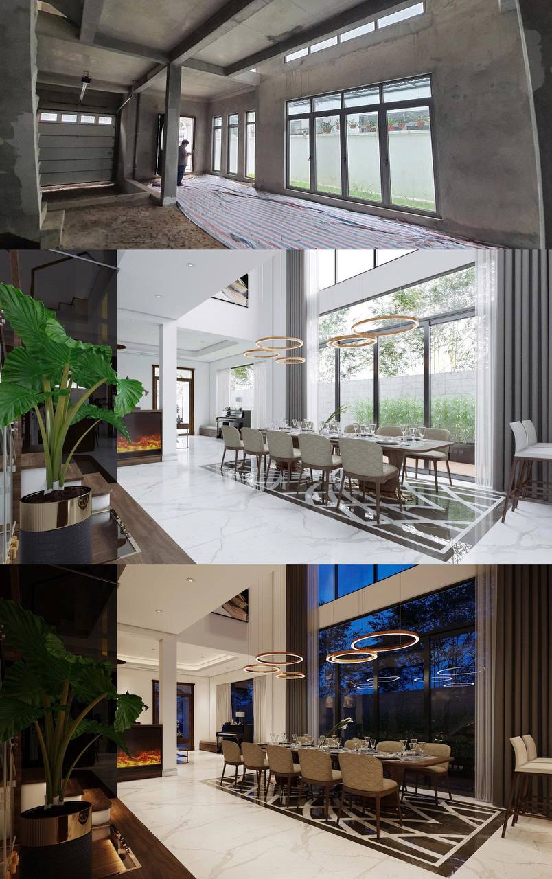 Before/After phòng ăn và bếp - lò sưởi, cây xanh, cửa kính full-height