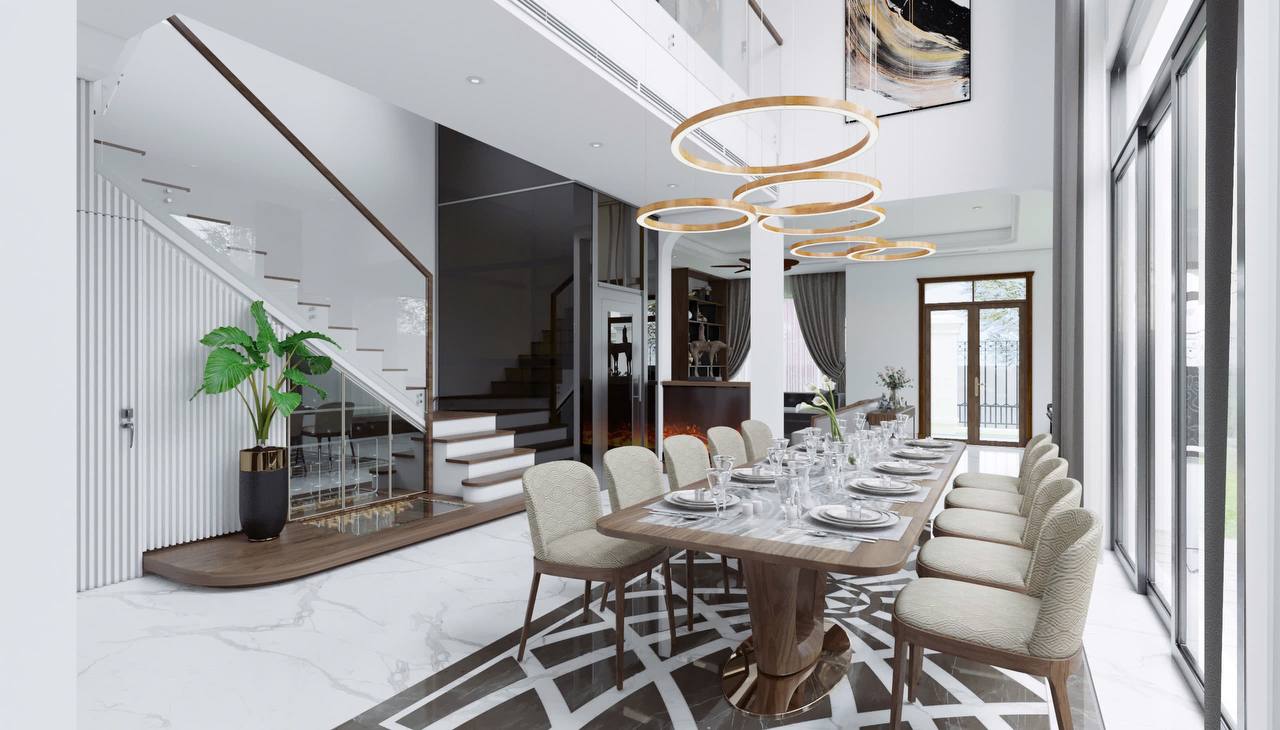 Phòng ăn hoàn thiện góc rộng - đèn vòng vàng, bàn gỗ, cửa kính full-height