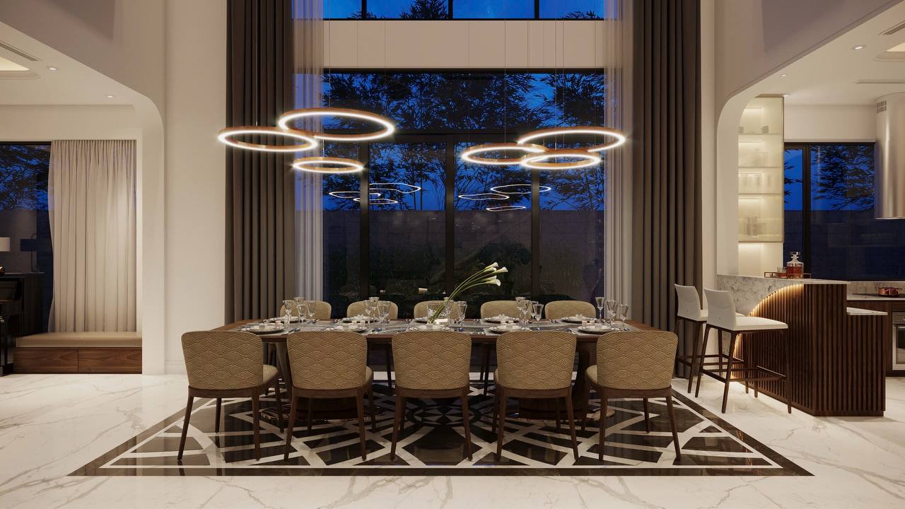 Phòng ăn view đêm - cửa kính full-height nhìn ra sân vườn