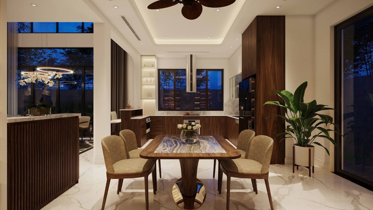 Bếp và phòng ăn buổi tối - tone ấm với đèn chandelier