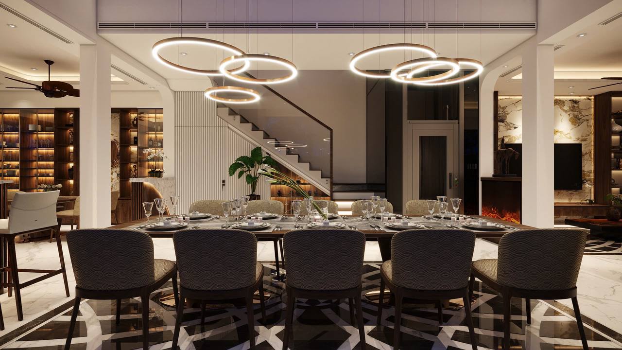 Phòng ăn toàn cảnh buổi tối, đèn vòng sáng ấm