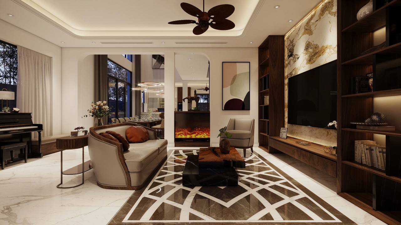 Phòng khách luxury: sofa, piano, lò sưởi điện, kệ TV gỗ óc chó và đá marble