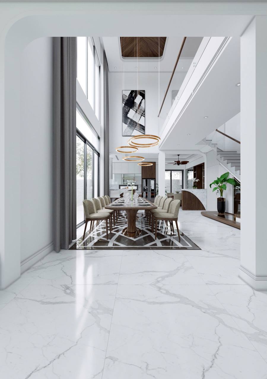 Phòng ăn ban ngày nhìn từ sảnh marble, cửa kính full-height