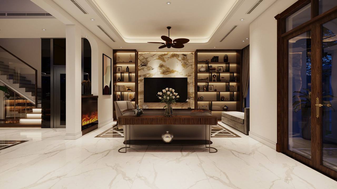 Phòng khách: kệ TV marble và gỗ, tủ sách backlighting, lò sưởi
