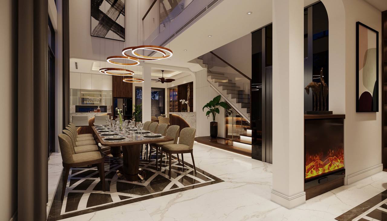 Phòng ăn góc lò sưởi và cầu thang lam gỗ