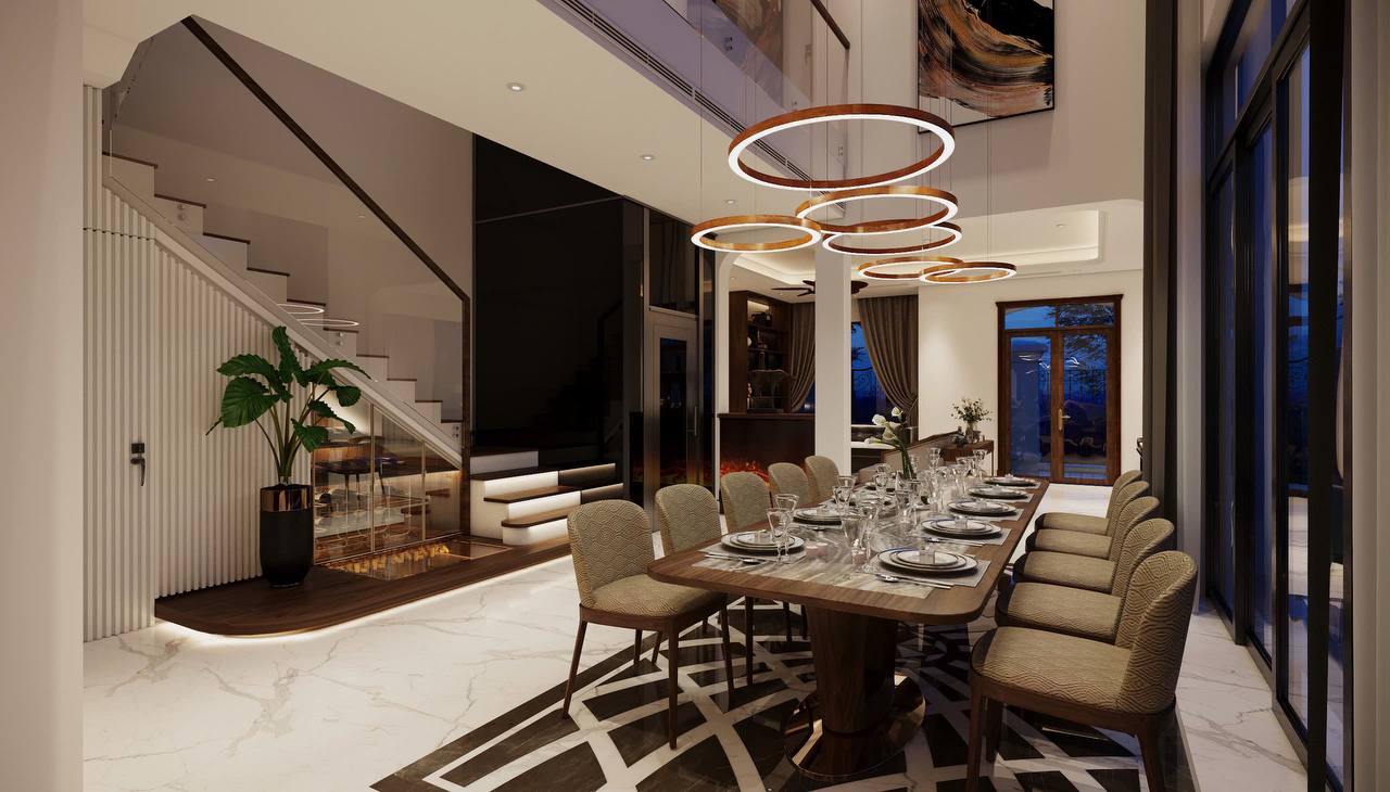 Before/After không gian thông tầng - thô trên, hoàn thiện dưới