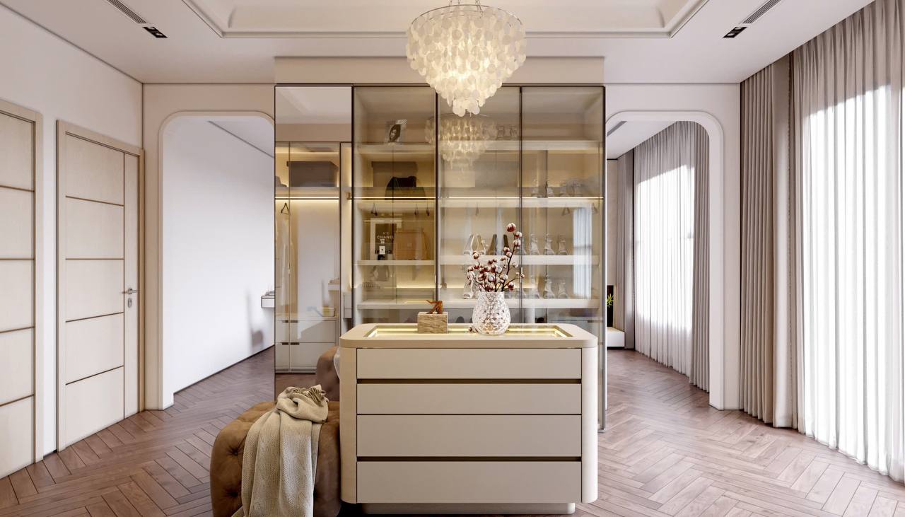 Phòng ngủ master với tường TV marble