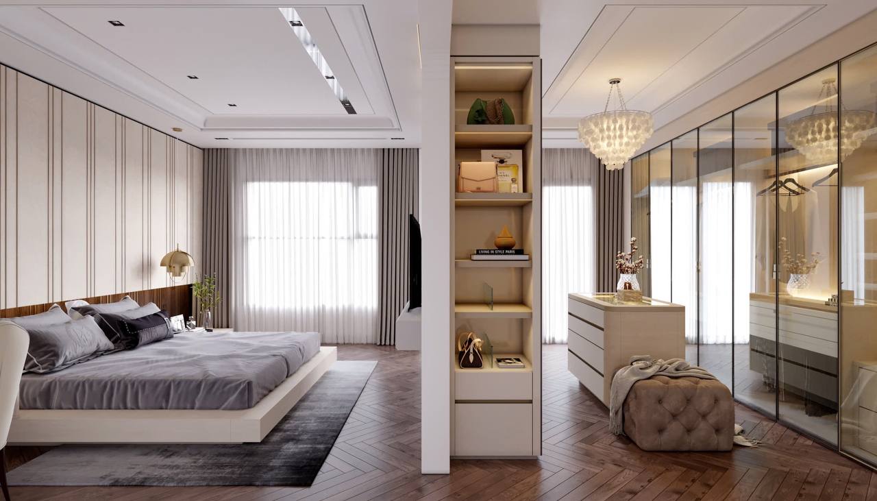 Phòng khách panoramic với sofa da và cầu thang sắt