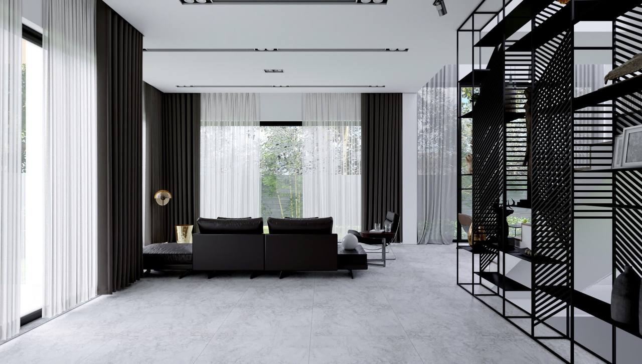 Phòng khách toàn cảnh với kệ grid và sofa da