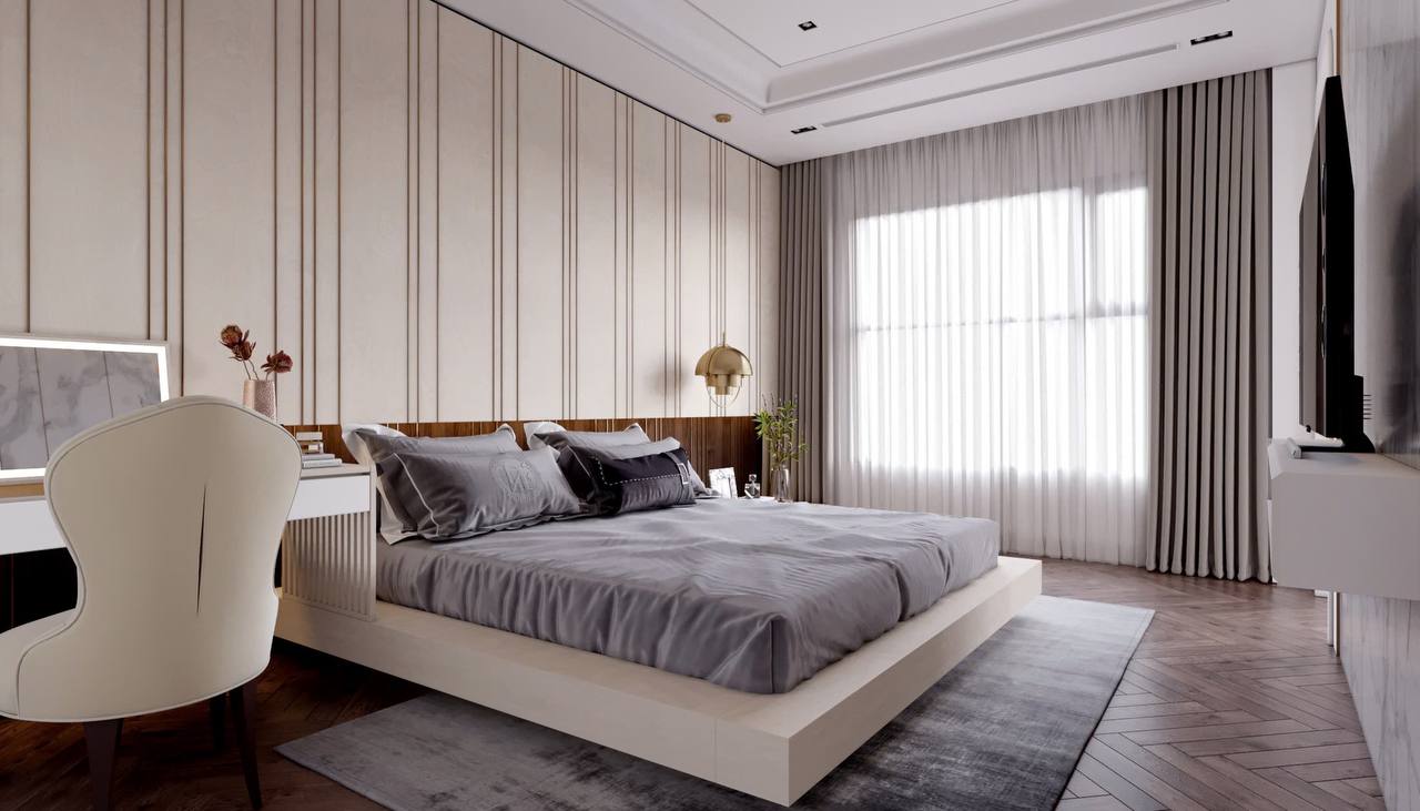 Đầu giường phòng ngủ master với ốp gỗ và da