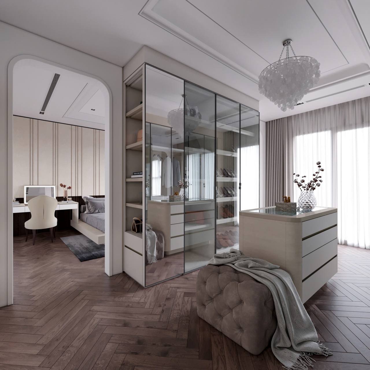 Walk-in closet với tủ kính và khung sắt