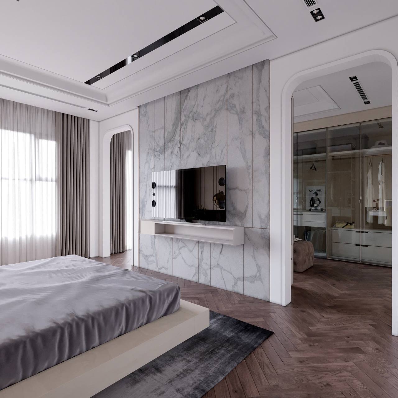 Bếp với tủ tối và đảo bếp marble