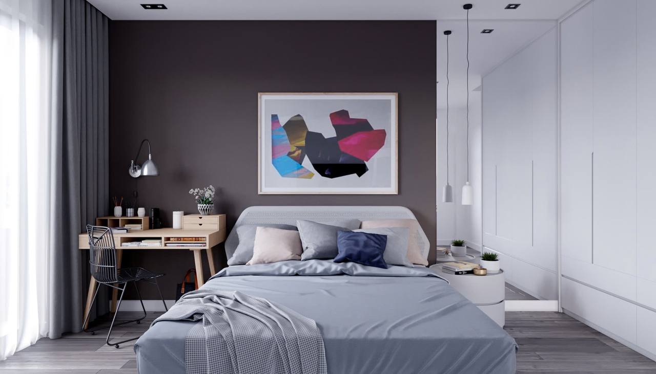 Phòng ngủ master - tường charcoal, tranh trừu tượng, bàn gỗ, ga giường xám