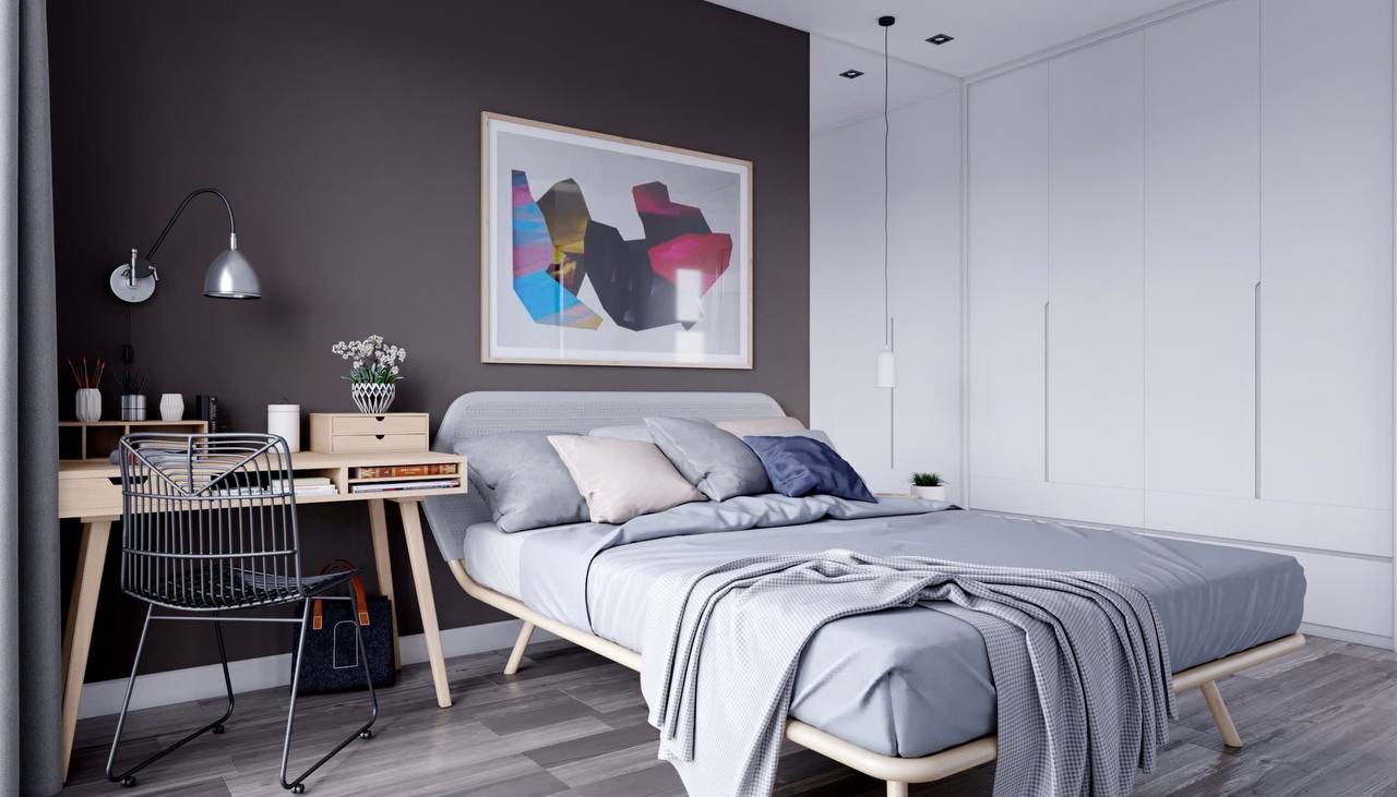 Phòng ngủ master góc 2 - chi tiết khung giường, ga trải giường xám