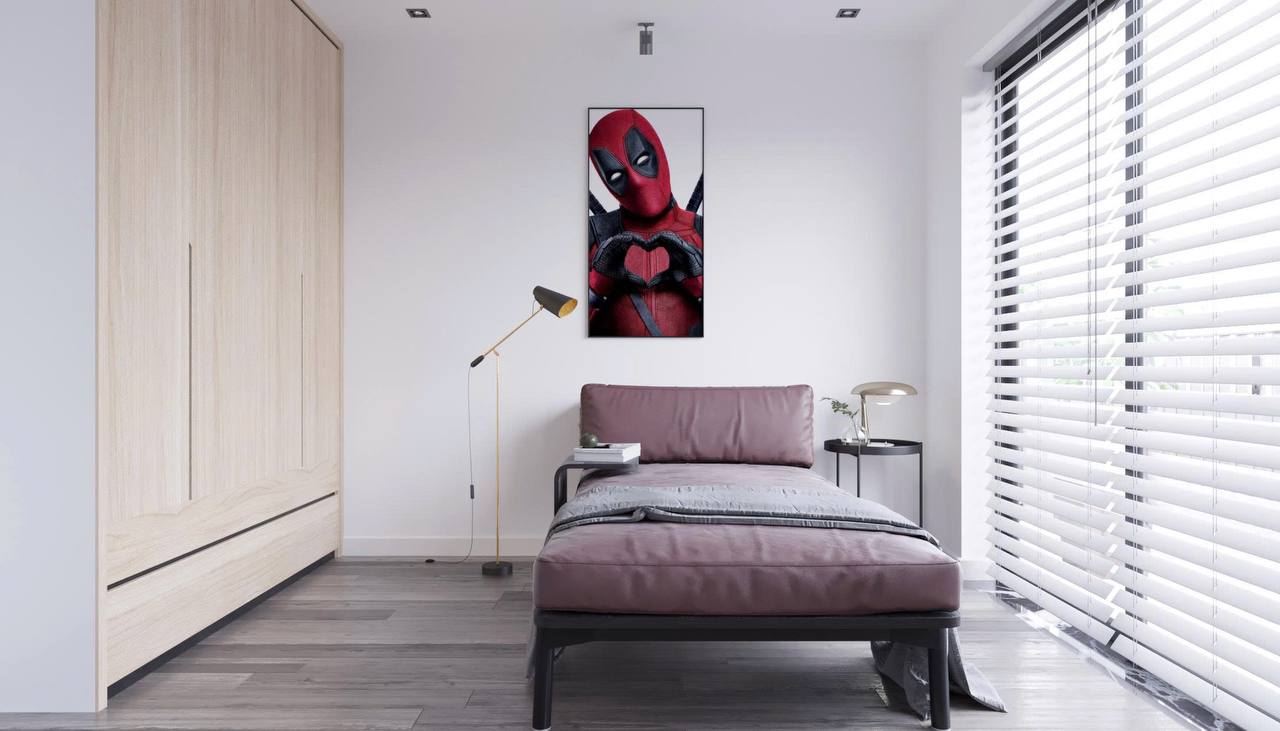 Phòng trẻ em 2 - giường đơn, poster Deadpool, phong cách tối giản, rèm cuốn