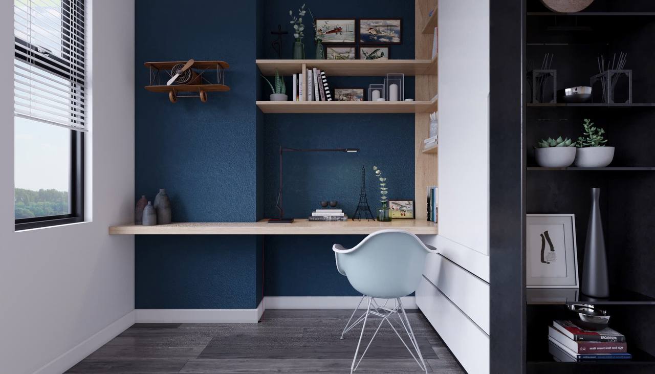 Góc học tập cận cảnh - tường xanh, bàn gỗ treo tường, mô hình tháp Eiffel, máy bay trang trí