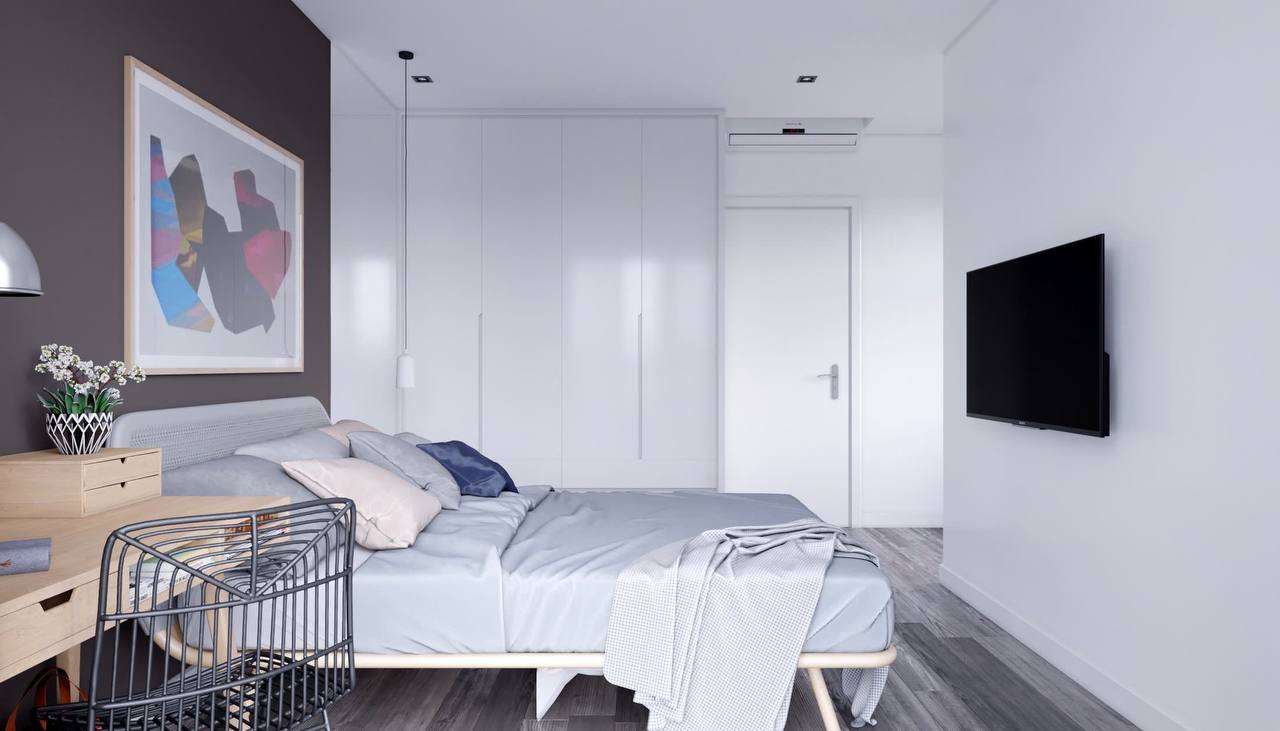 Phòng ngủ master - tường TV, tủ quần áo, đèn thả pendant