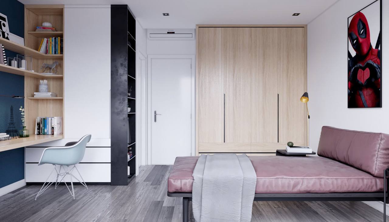 Phòng trẻ em toàn cảnh - khu vực bàn học, kệ sách, giường