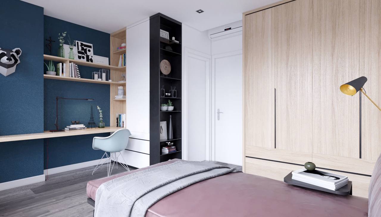 Phòng trẻ em góc rộng - tủ quần áo, bàn học, giường, tranh Deadpool