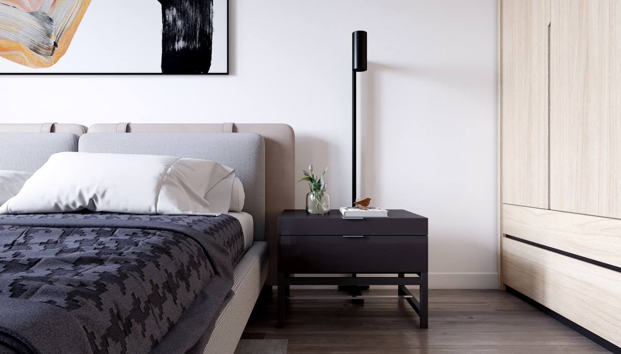 Phòng ngủ master chi tiết - tab đầu giường đen, tranh trừu tượng, tủ gỗ