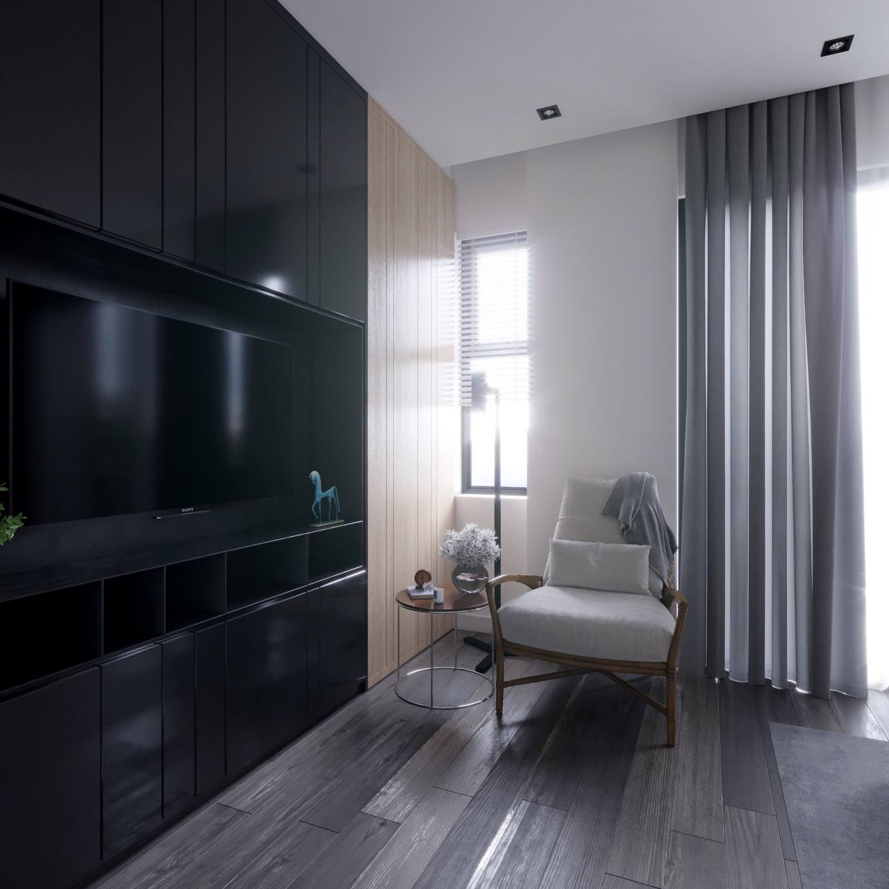 Chi tiết tường TV - tủ built-in tối, panel gỗ accent, TV Sony, ghế mây, đèn tường