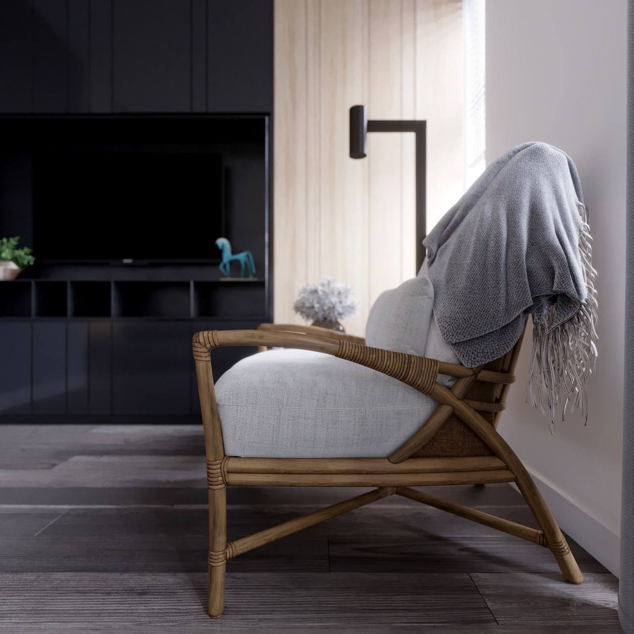 Ghế mây cận cảnh - chi tiết thủ công, chăn xám, góc đọc sách