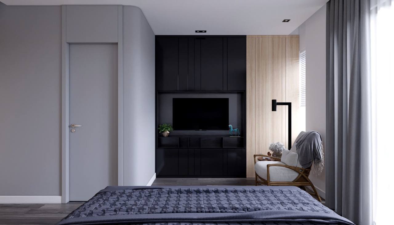 Phòng ngủ 2 góc giường - tường TV, cửa ra vào, ga giường houndstooth geometric