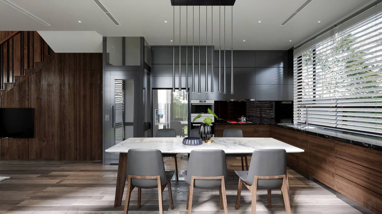 Bếp và phòng ăn - tủ bếp tối, bàn marble, đèn pendant, cầu thang gỗ óc chó, thiết bị âm tủ