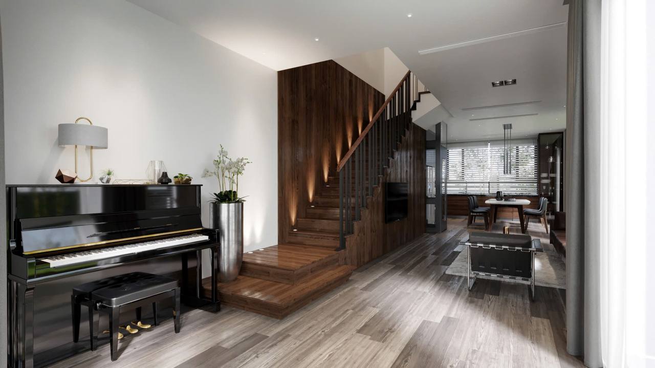 Cầu thang gỗ óc chó với đèn LED bậc thang, đàn piano, không gian mở phòng khách-ăn