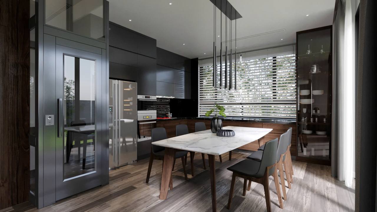 Bếp phòng ăn góc 2 - bàn marble, vách kính, tủ lạnh âm, tủ bếp tối