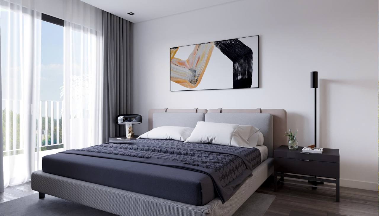 Phòng ngủ master toàn cảnh - ban công, tranh trừu tượng, tủ quần áo, ánh sáng tự nhiên