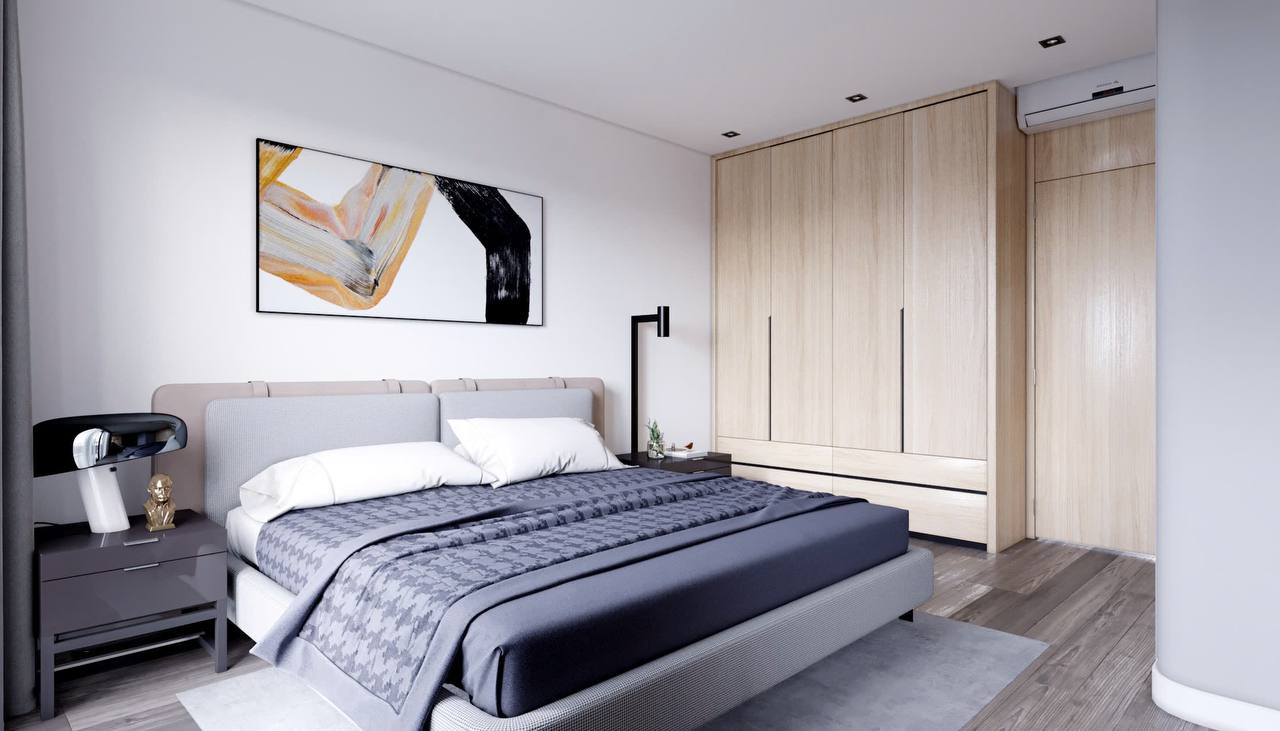 Phòng ngủ 3 - tranh trừu tượng, tủ gỗ, điều hòa, thiết kế tối giản sạch sẽ