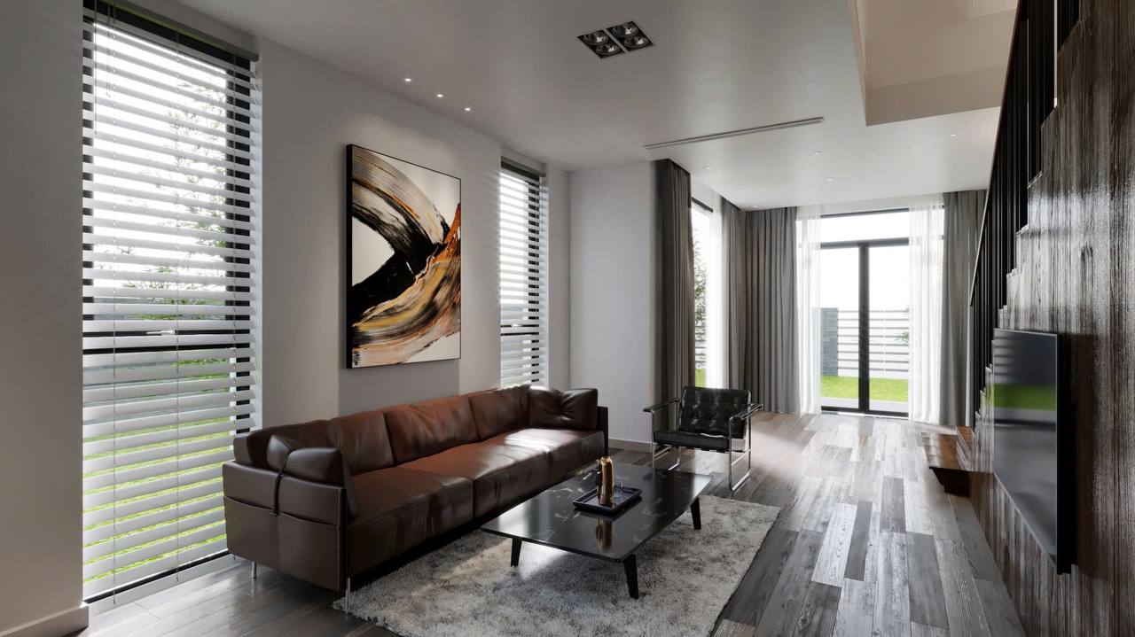 Phòng khách - sofa da nâu, tranh trừu tượng, cửa sổ lớn với rèm, tường TV gỗ óc chó