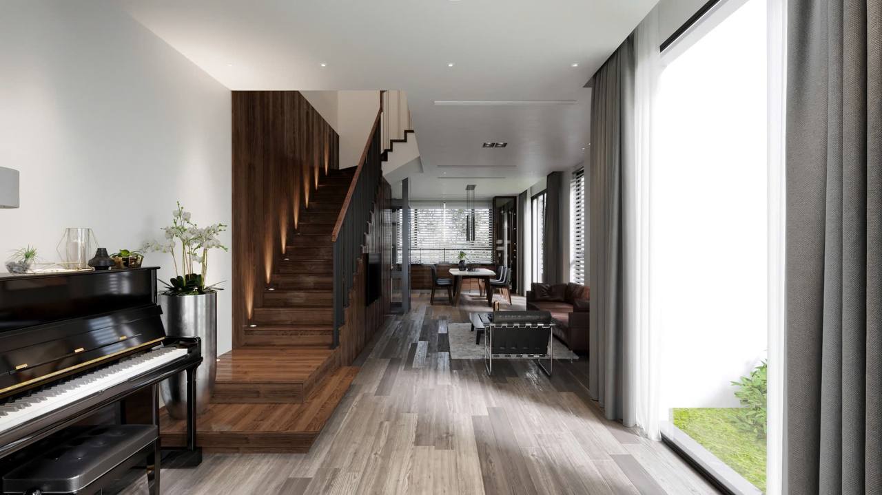 Cầu thang và piano góc rộng - kết nối phòng khách, ghế Barcelona