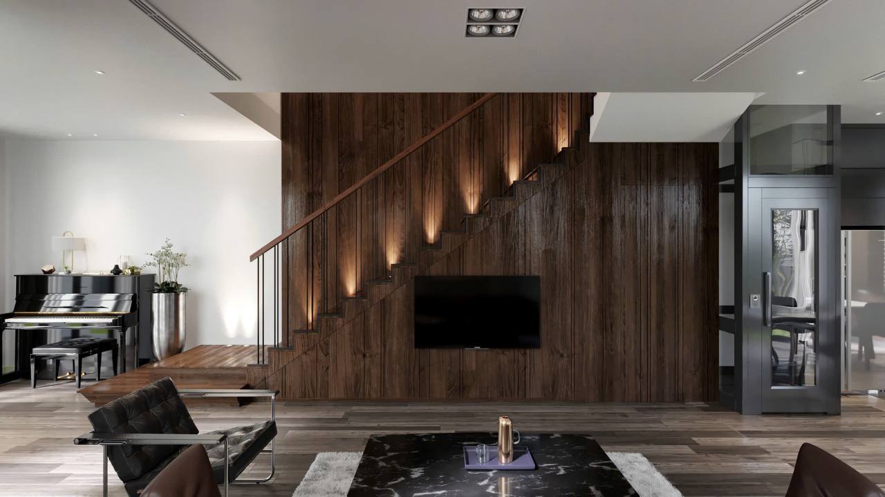 Tường TV gỗ óc chó full wall, cầu thang LED, bàn cà phê marble, ghế Barcelona
